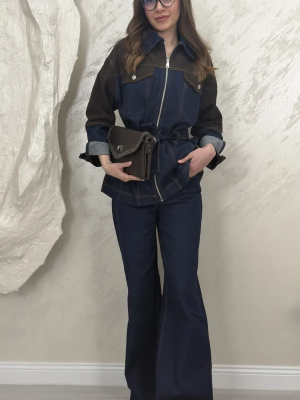 ÇİFT RENK DENİM KUŞAKLI İKİLİ TAKIM