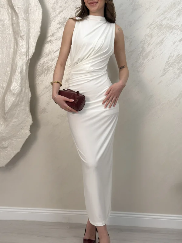 ARKASI YIRTMAÇLI DRAPELİ ELBİSE- BEYAZ