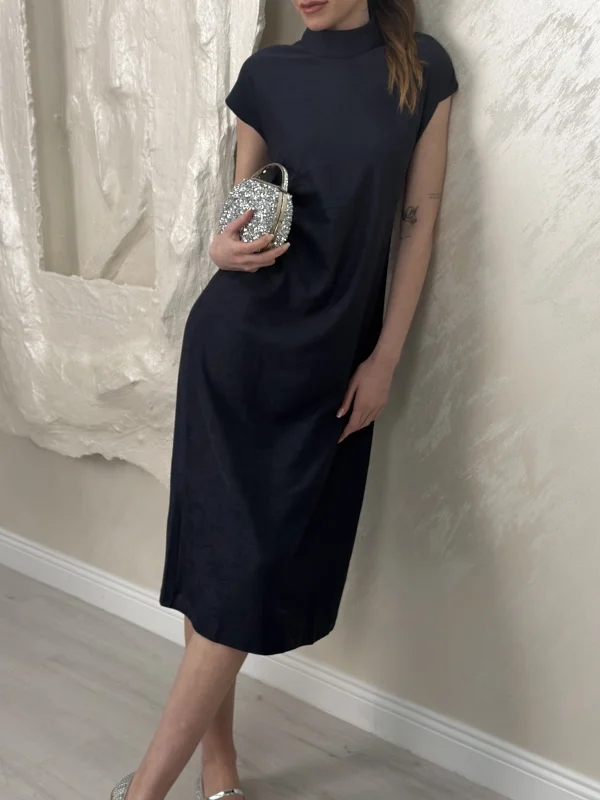 PİLE DETAYLI MUADİL MİDİ ELBİSE- LACİVERT