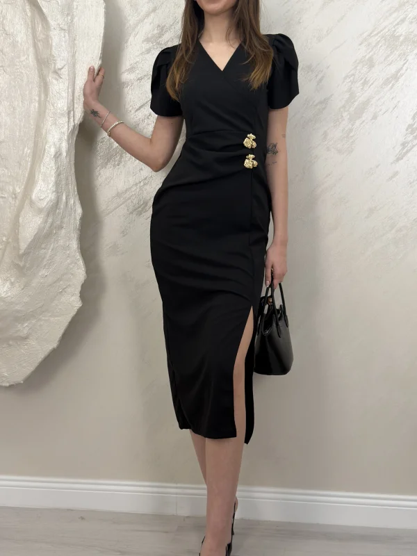 KRUVAZE YAKA ÇİFT TOKALI ELBİSE- SİYAH