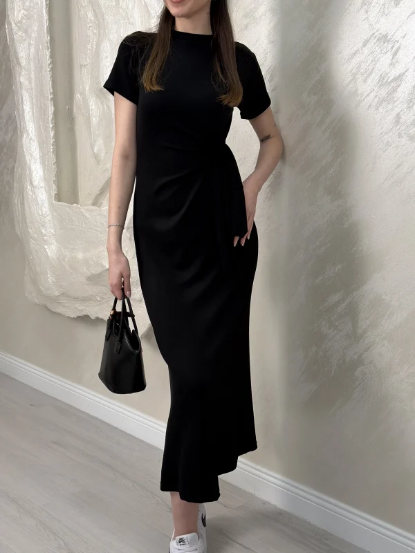 BELİ BAĞLAMALI MODAL KUMAŞ ELBİSE- SİYAH