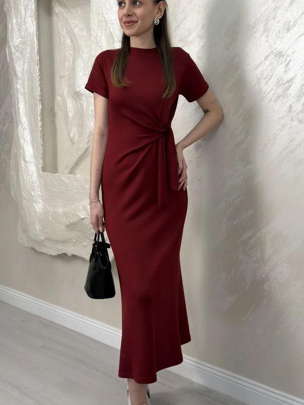 BELİ BAĞLAMALI MODAL KUMAŞ ELBİSE- BORDO