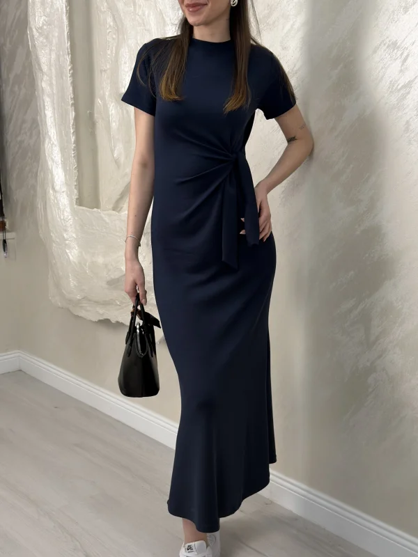 BELİ BAĞLAMALI MODAL KUMAŞ ELBİSE- LACİVERT