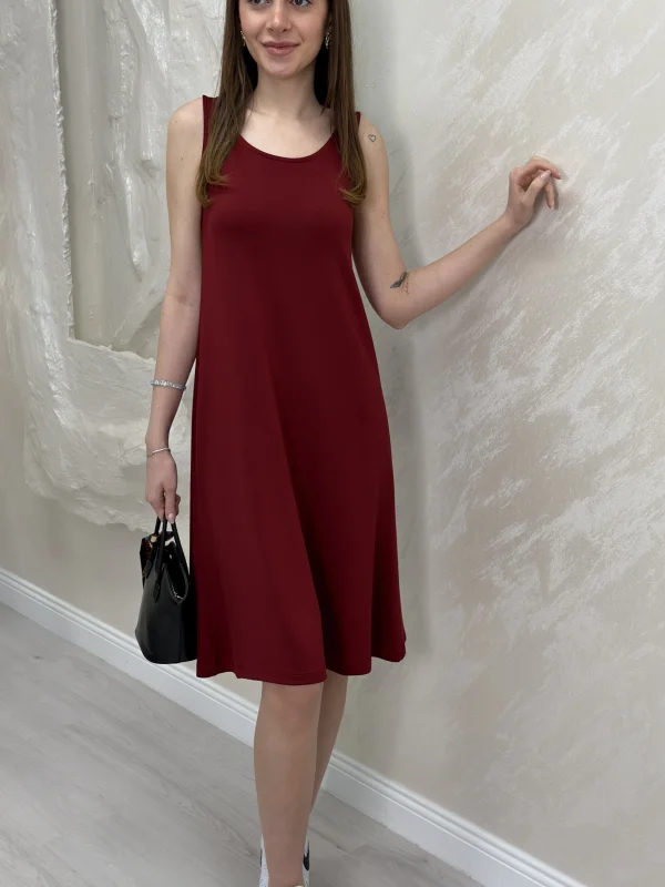 SIFIR KOL MODAL KUMAŞ ELBİSE- BORDO