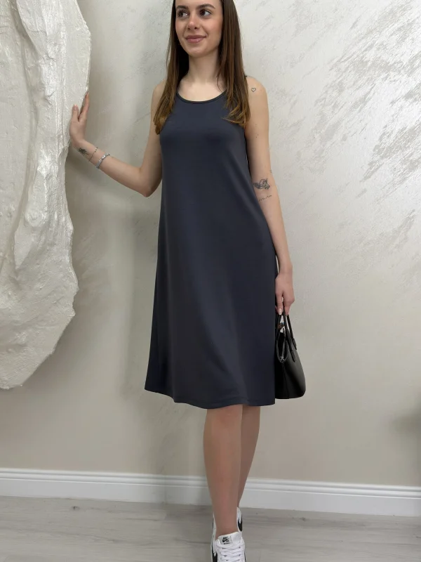 SIFIR KOL MODAL KUMAŞ ELBİSE-GRİ