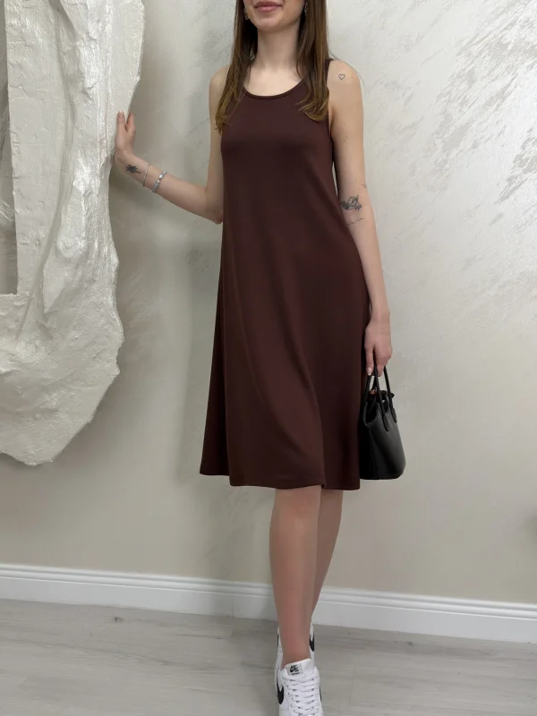 SIFIR KOL MODAL KUMAŞ ELBİSE- KAHVERENGİ