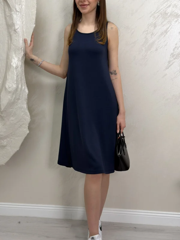 SIFIR KOL MODAL KUMAŞ ELBİSE- LACİVERT