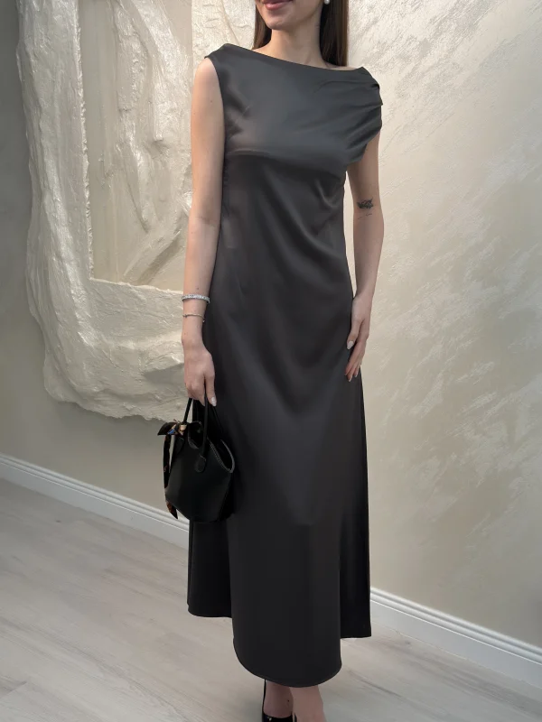 SATEN MAXİ ELBİSE-FÜME