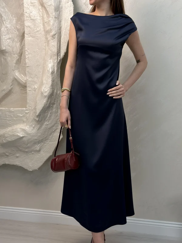 SATEN MAXİ ELBİSE- LACİVERT