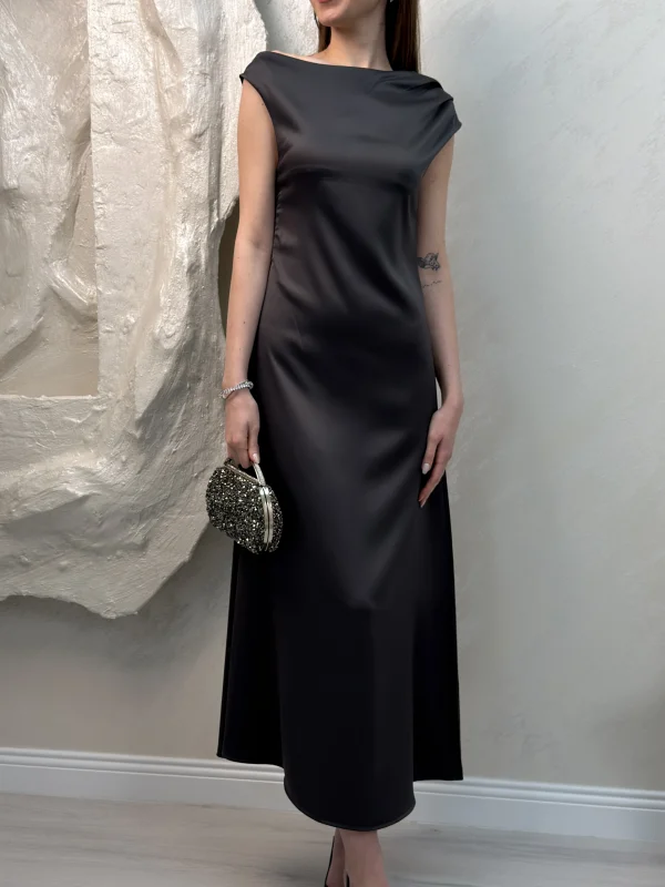 SATEN MAXİ ELBİSE- SİYAH