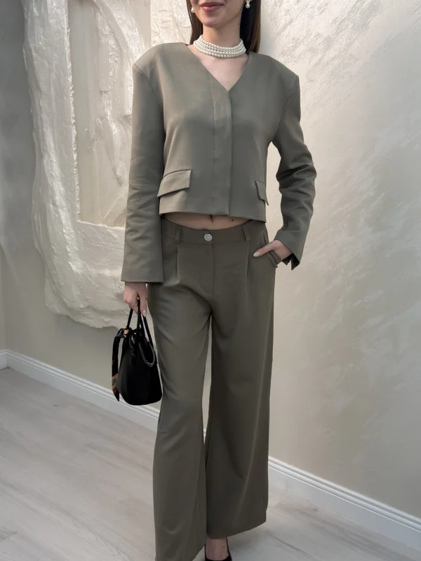 ÇİFT CEP CROP CEKET DETAYLI TAKIM- HAKİ