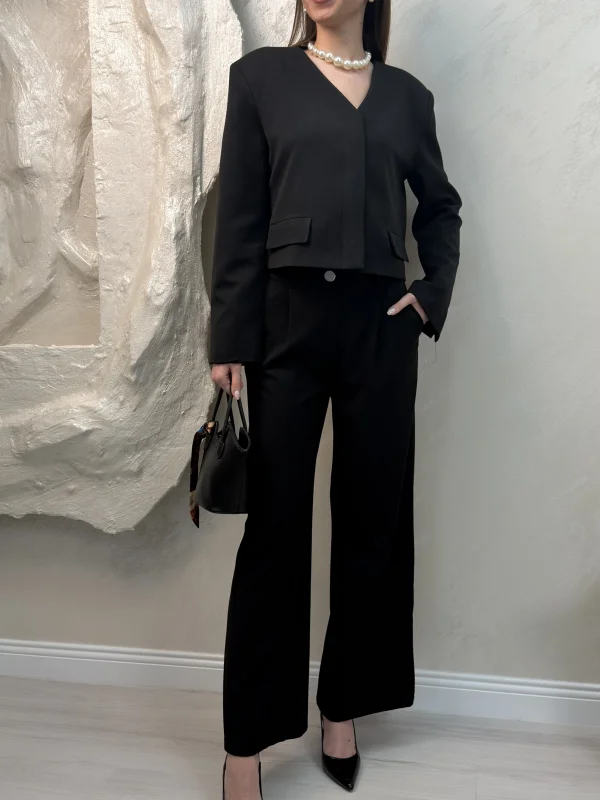 ÇİFT CEP CROP CEKET DETAYLI TAKIM- SİYAH