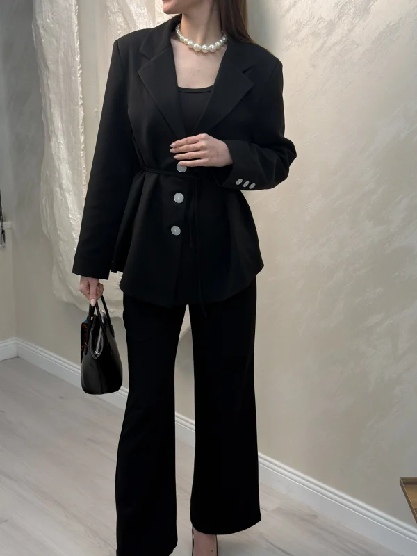 BELDEN BAĞLAMALI DÜĞMELİ BLAZER CEKET TAKIM- SİYAH