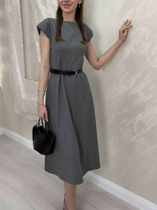 VATKALI KEMERLİ ELBİSE- GRİ