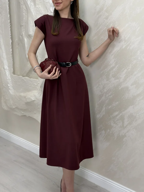 VATKALI KEMERLİ ELBİSE- BORDO