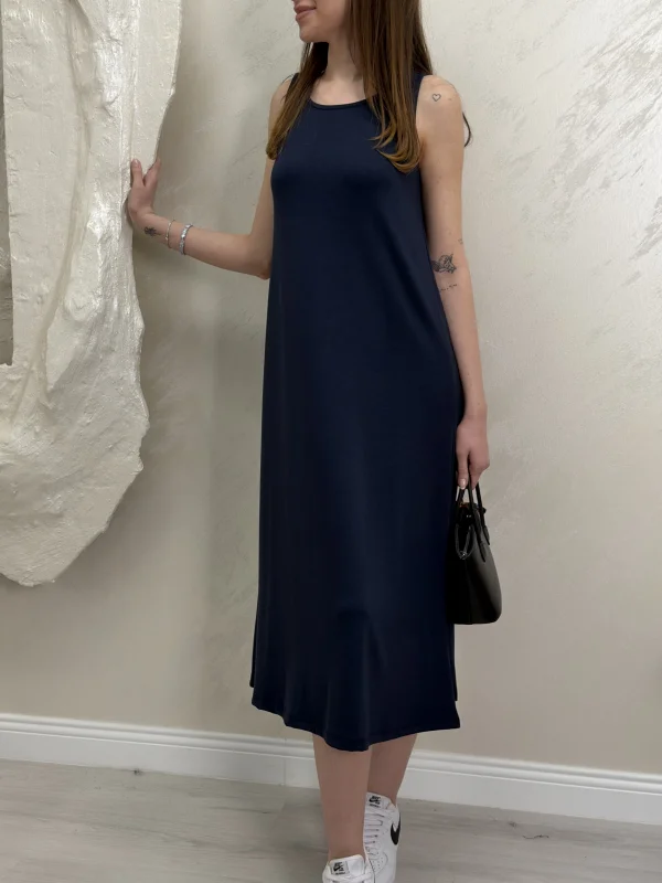 UZUN ASKILI MODAL KUMAŞ ELBİSE- LACİVERT