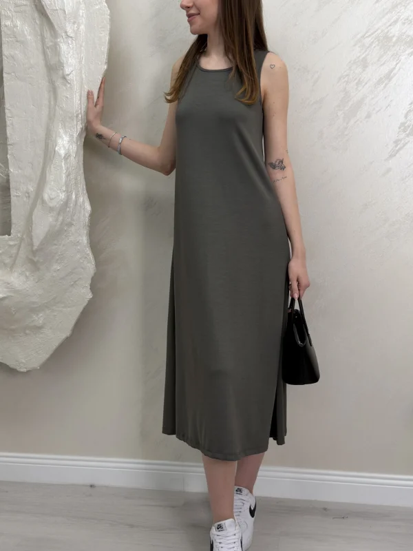 UZUN ASKILI MODAL KUMAŞ ELBİSE- YAĞ YEŞİLİ