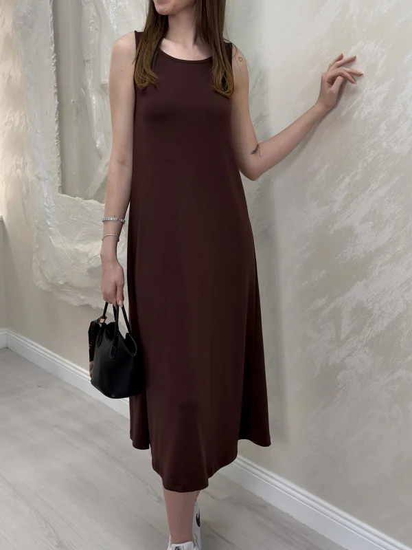 UZUN ASKILI MODAL KUMAŞ ELBİSE- KAHVERENGİ