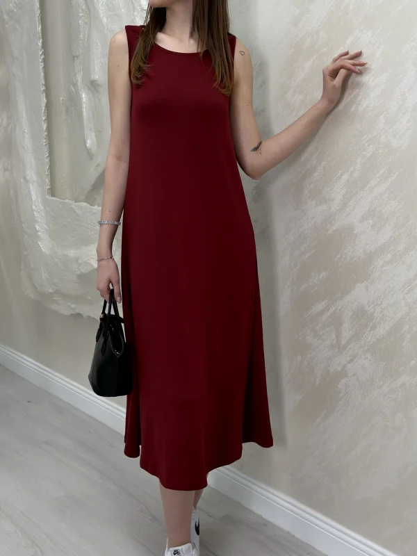 UZUN ASKILI MODAL KUMAŞ ELBİSE- BORDO