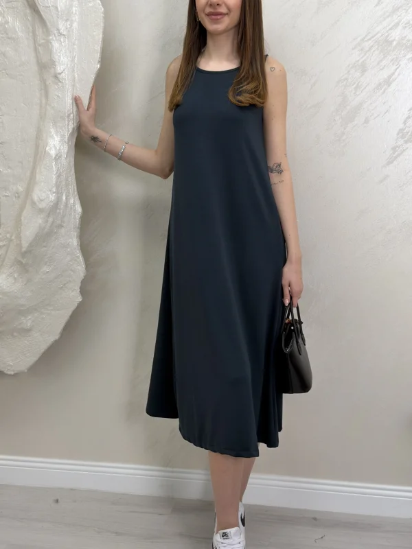 UZUN ASKILI MODAL KUMAŞ ELBİSE- FÜME