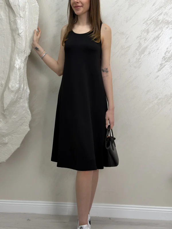 SIFIR KOL MODAL KUMAŞ ELBİSE-SİYAH