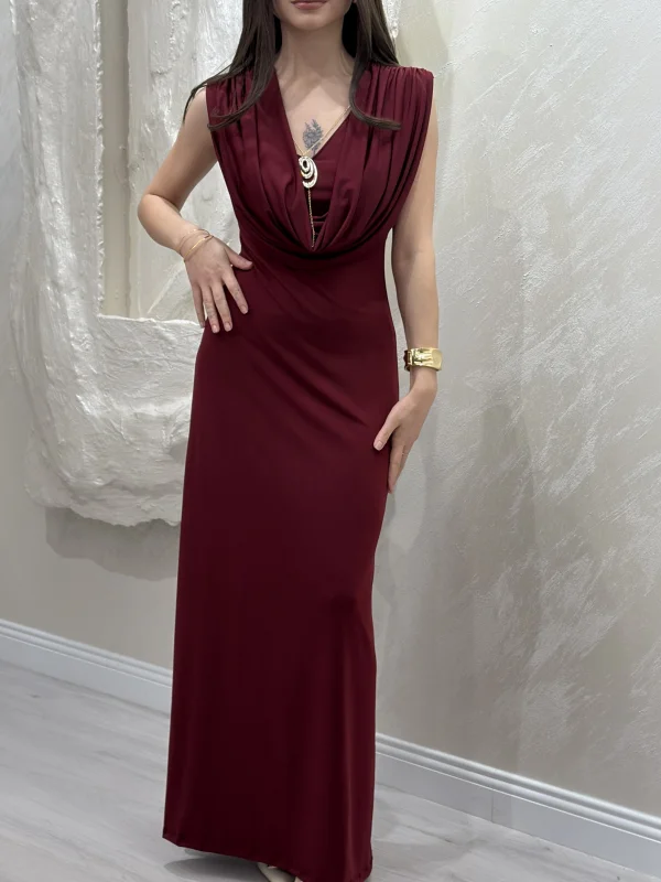 DEGAJE YAKA SANDY ELBİSE- BORDO