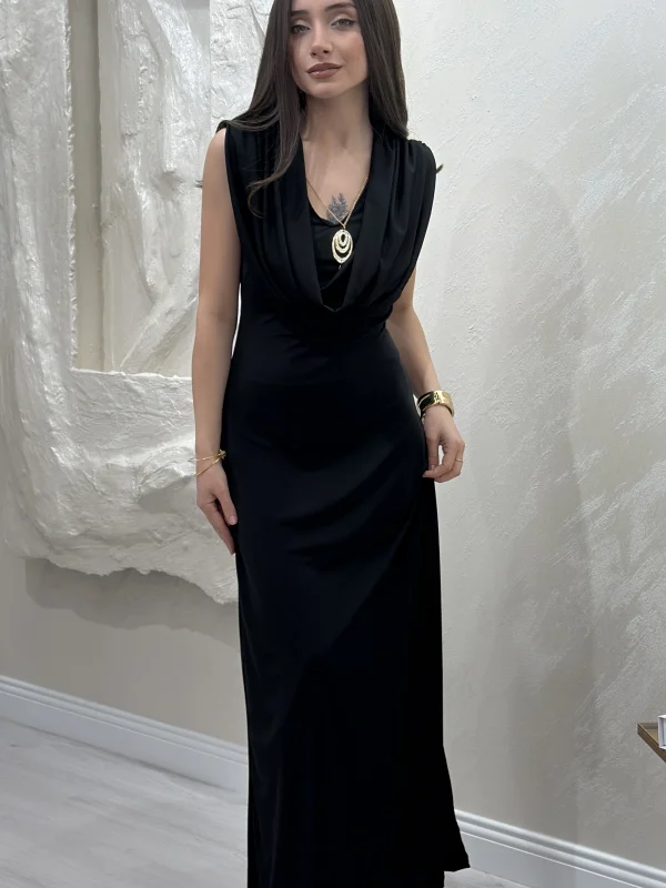 DEGAJE YAKA SANDY ELBİSE- SİYAH