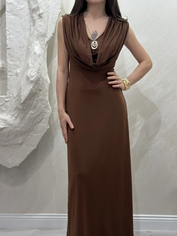 DEGAJE YAKA SANDY ELBİSE- KAHVE