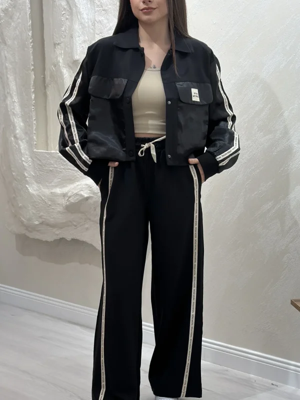 PARAŞÜT KUMAŞ ŞERİT DETAYLI TAKIM- SİYAH