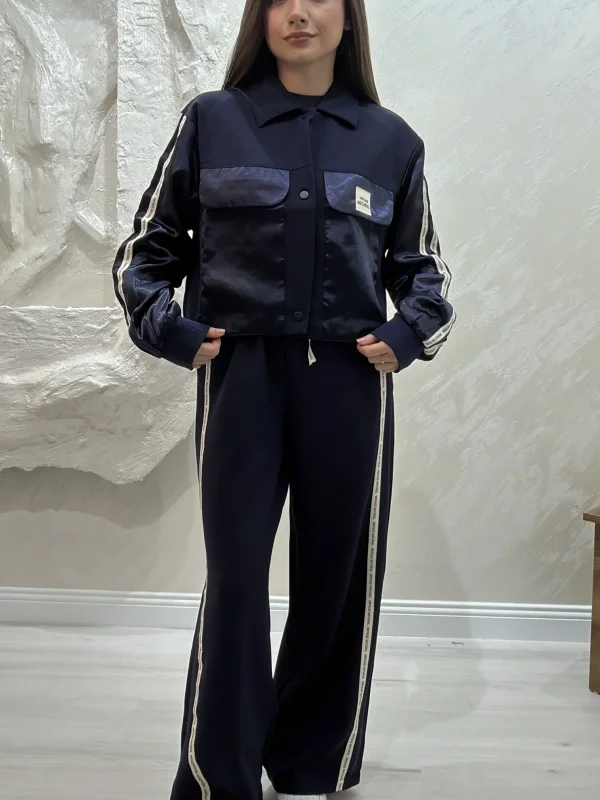 PARAŞÜT KUMAŞ ŞERİT DETAYLI TAKIM- LACİVERT