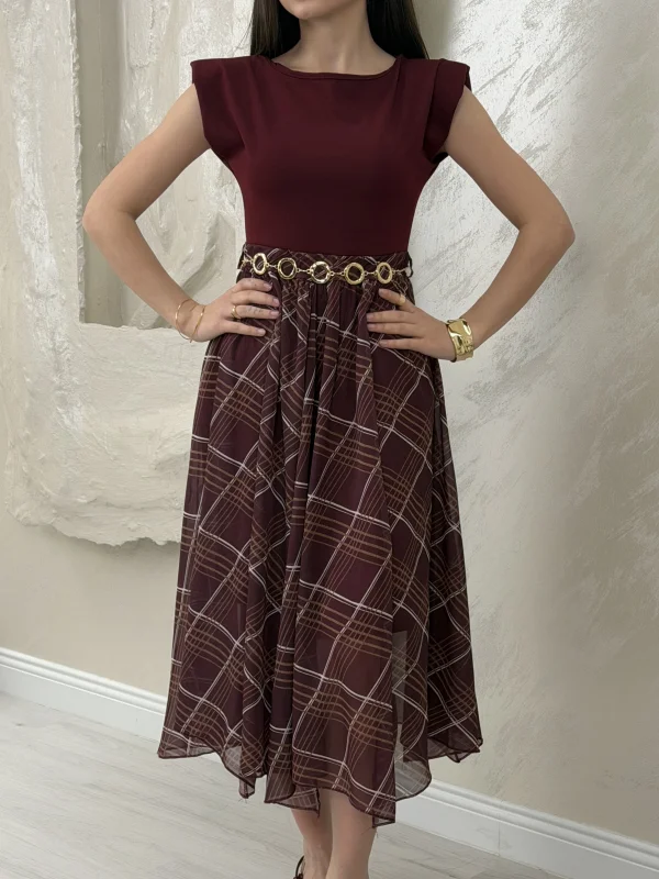 ŞİFON EKOSE DESENLİ ELBİSE- BORDO