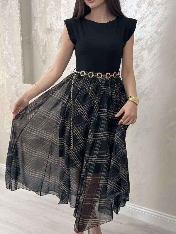 ŞİFON EKOSE DESENLİ ELBİSE- SİYAH