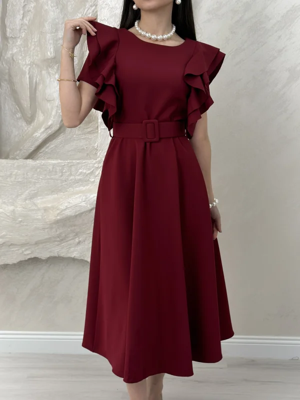 OMUZ KATLI KEMERLİ ELBİSE-BORDO