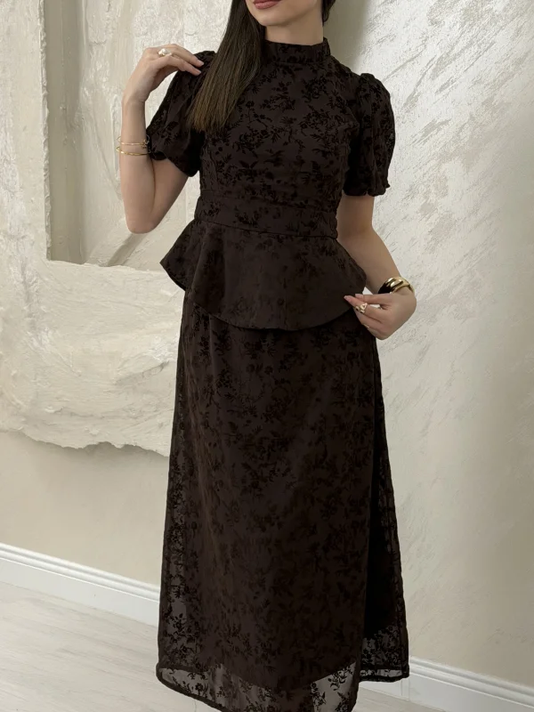 BELİ LASTİKLİ BASKILI ETEKLİ TAKIM-KAHVE