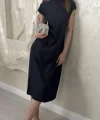 PİLE DETAYLI MUADİL MİDİ ELBİSE- LACİVERT