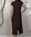 PİLE DETAYLI MUADİL MİDİ ELBİSE- KAHVERENGİ
