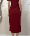 KRUVAZE YAKA ÇİFT TOKALI ELBİSE- BORDO