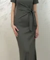 BELİ BAĞLAMALI MODAL KUMAŞ ELBİSE- YAĞ YEŞİLİ