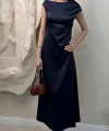 SATEN MAXİ ELBİSE- LACİVERT