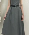 VATKALI KEMERLİ ELBİSE- GRİ