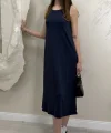 UZUN ASKILI MODAL KUMAŞ ELBİSE- LACİVERT