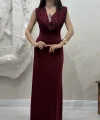 DEGAJE YAKA SANDY ELBİSE- BORDO