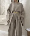 GENİŞ KOL BLUZ PİLELİ PANTOLON TAKIM- BEJ