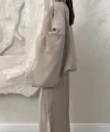 GENİŞ KOL BLUZ PİLELİ PANTOLON TAKIM- BEJ