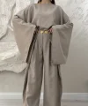 GENİŞ KOL BLUZ PİLELİ PANTOLON TAKIM- BEJ
