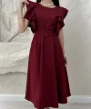 OMUZ KATLI KEMERLİ ELBİSE-BORDO