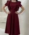 OMUZ KATLI KEMERLİ ELBİSE-BORDO
