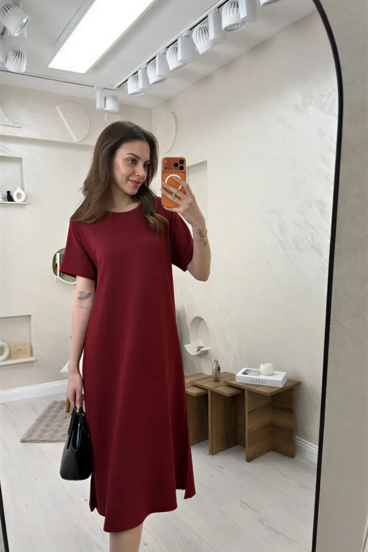 BİSİKLET YAKA MODAL KUMAŞ SALAŞ ELBİSE-BORDO