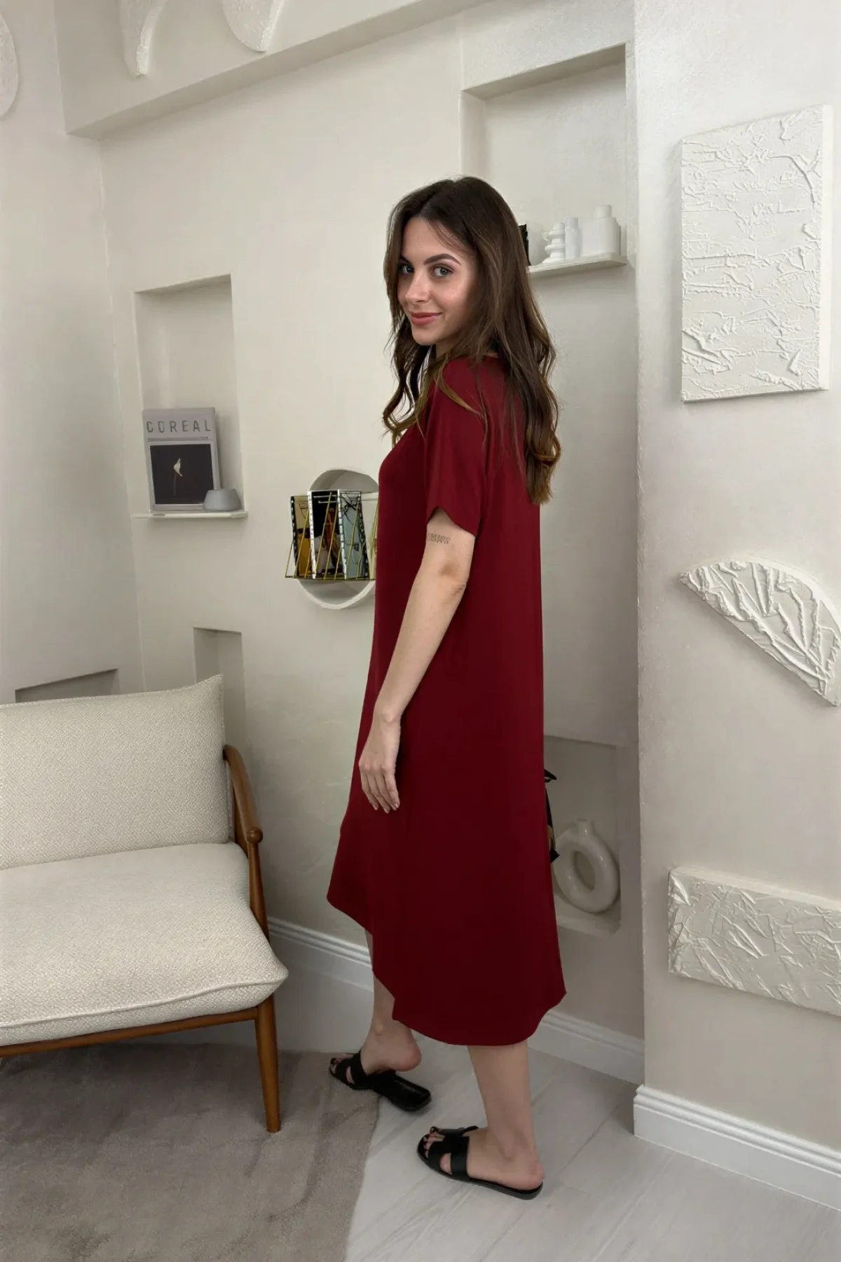 BİSİKLET YAKA MODAL KUMAŞ SALAŞ ELBİSE-BORDO