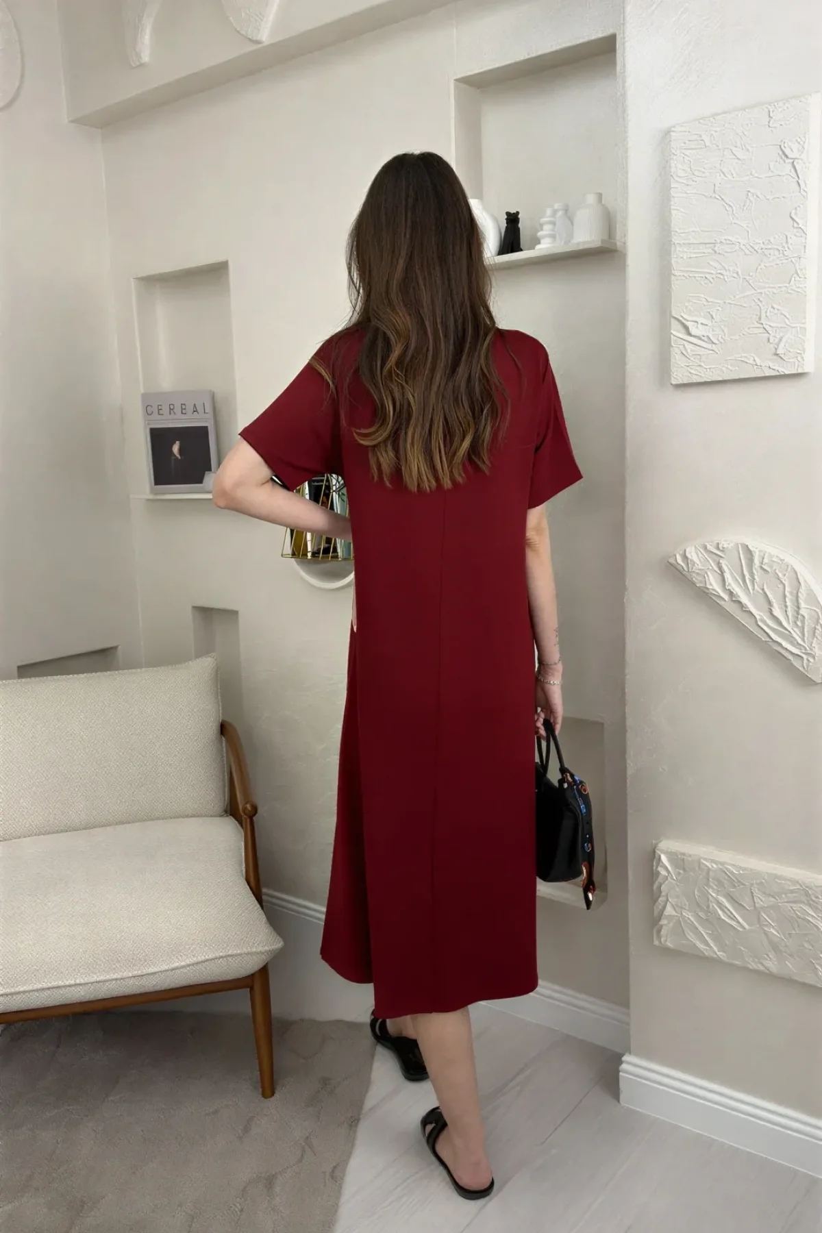 BİSİKLET YAKA MODAL KUMAŞ SALAŞ ELBİSE-BORDO